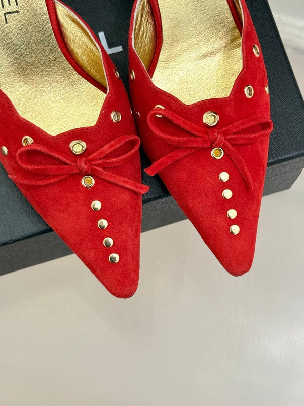 CC 25C Bowknot Pointed High Heel Half Slippers 60mm Red Suede 265658