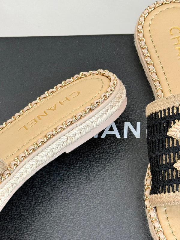 CC Mesh Hollow Chain Double C Thick-Soled Slippers 20mm Beige Black 265646