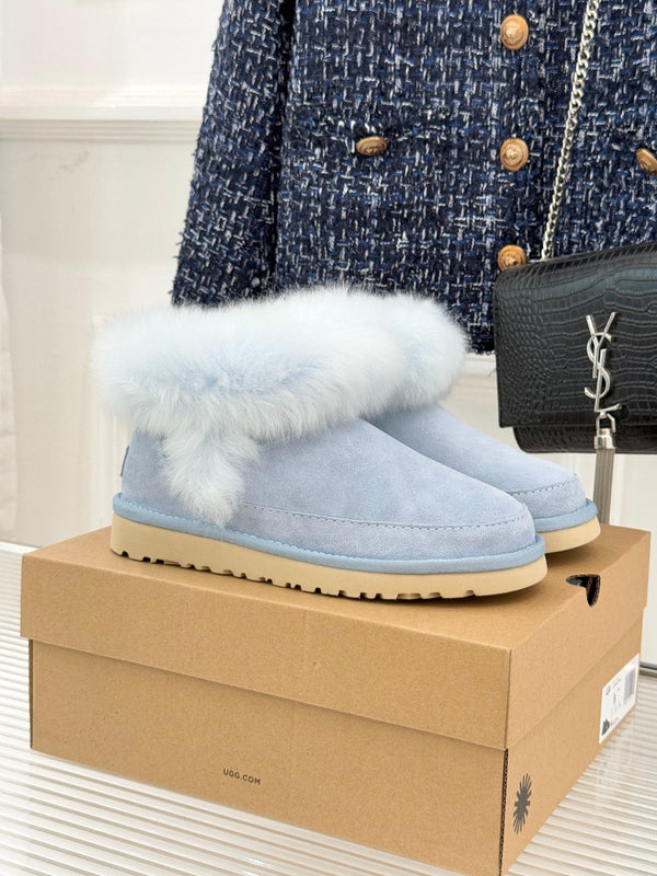 UGG Classic Ultra Mini Chalet Boots Light Blue Suede Sheepskin Cuff 517487
