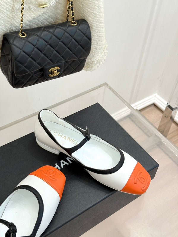 CC 26s Square-Toe Mary Jane Shoes Orange White Leather 920420