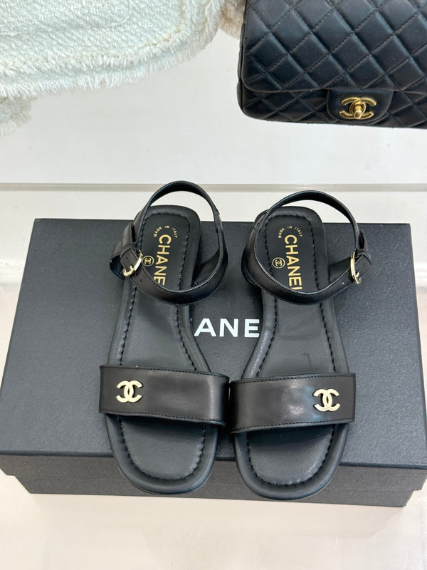 CC 26s Strap Flat Sandals Black Lambskin 920333