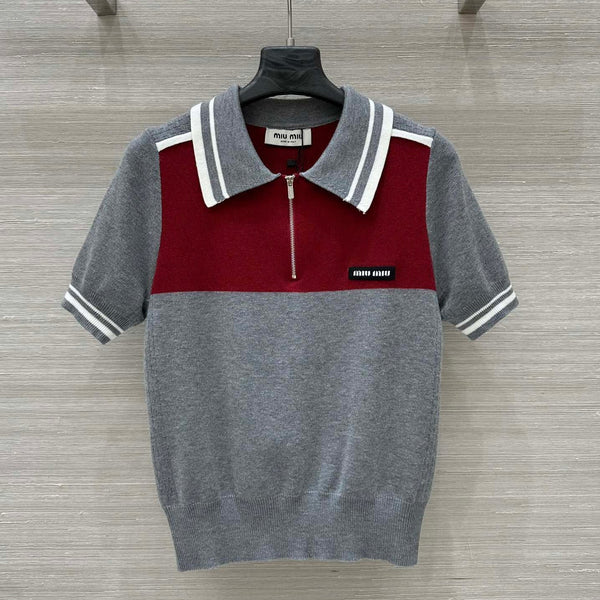 Miu Miu 25 Polo Collar Short-sleeved Top Gray red Tencel