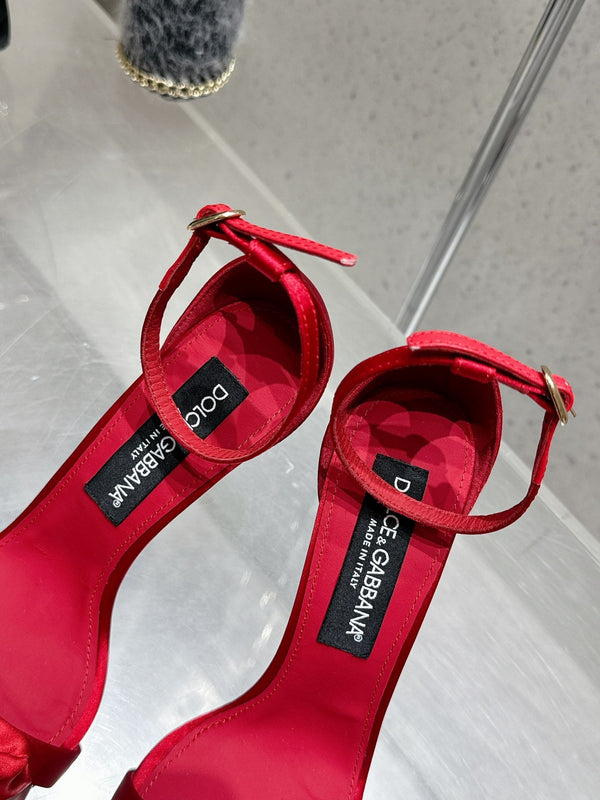 DC Flower High Heel Sandals 105mm Red Satin & Sheepskin 359506