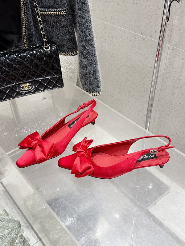 DC 25 Bow Slingback Pumps 30mm Red Satin & Sheepskin 359510
