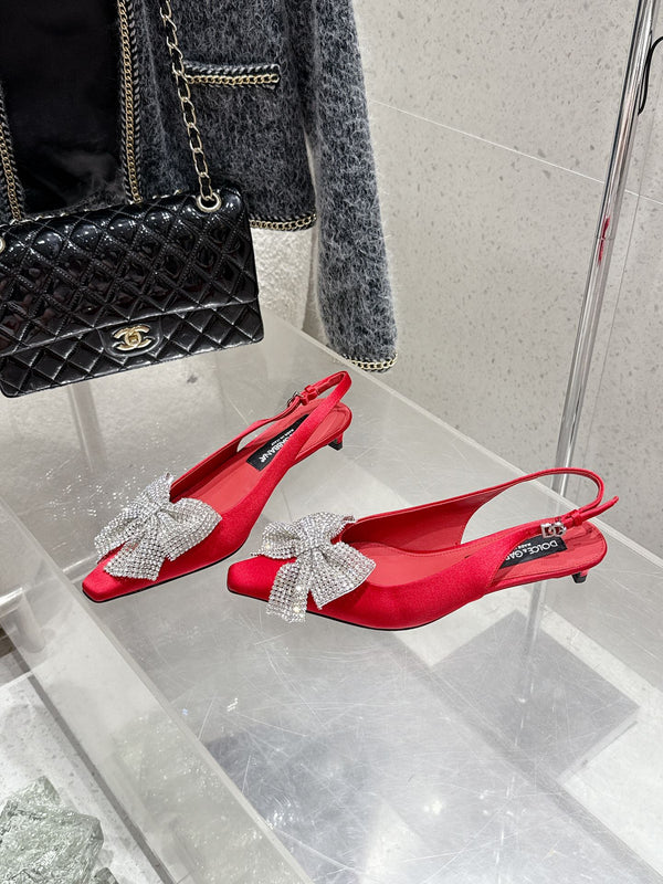 DC 25 Rhinestone Bow Slingback Pumps 40mm Red Silk & Sheepskin Sheepskin 359512