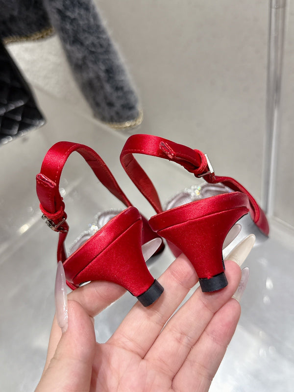 DC 25 Rhinestone Bow Slingback Pumps 40mm Red Silk & Sheepskin Sheepskin 359512