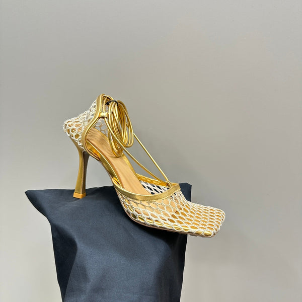 BV 26s Stretch High Heels 9cm Gold Metallize Mesh Leather