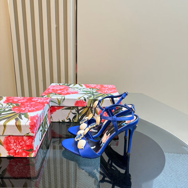 DC 24 Shell Rhinestone High Heel Sandals Blue Cowhide & Sheepskin 946159