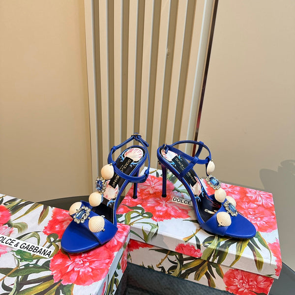 DC 24 Shell Rhinestone High Heel Sandals Blue Cowhide & Sheepskin 946159