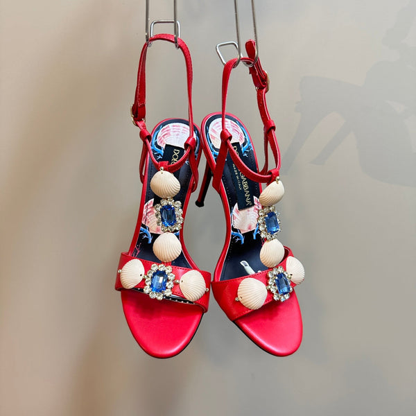DC 24 Shell Rhinestone High Heel Sandals Red Cowhide & Sheepskin 946161
