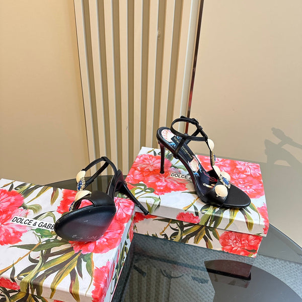 DC 24 Shell Rhinestone High Heel Sandals Black Cowhide & Sheepskin 946163