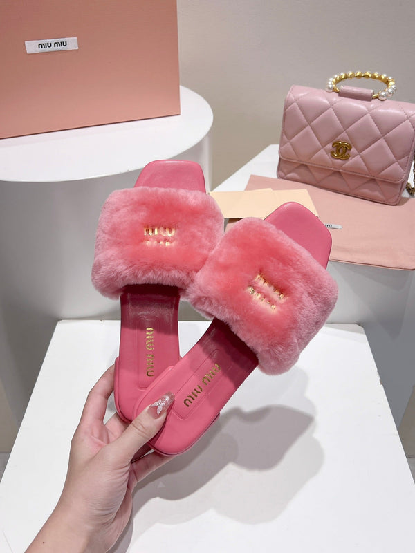 Miu Slides Hot Pink Leather Fur 739563