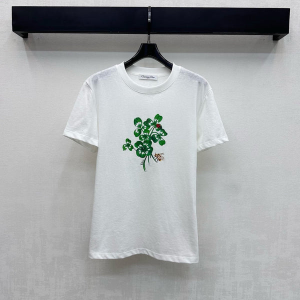CD SS26 Fitted T-Shirt Green Dior Clover Motif White Cotton 351003