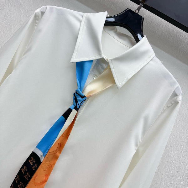 Celine Long Silk Scarf Shirt Dress White Cotton 351803