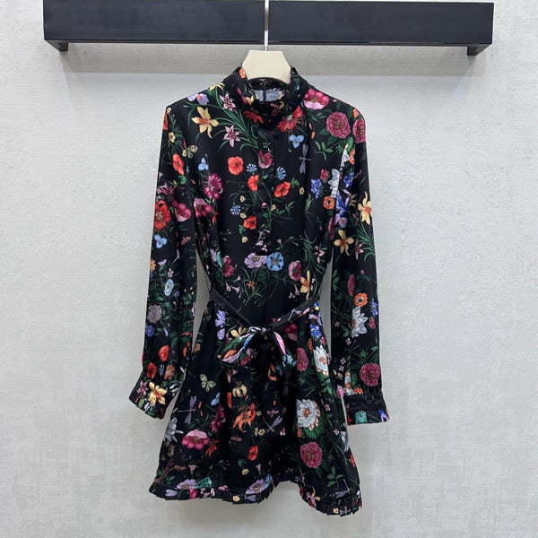 GG SS26 Flora Print Mini Dress Black Multicolor Silk 351771