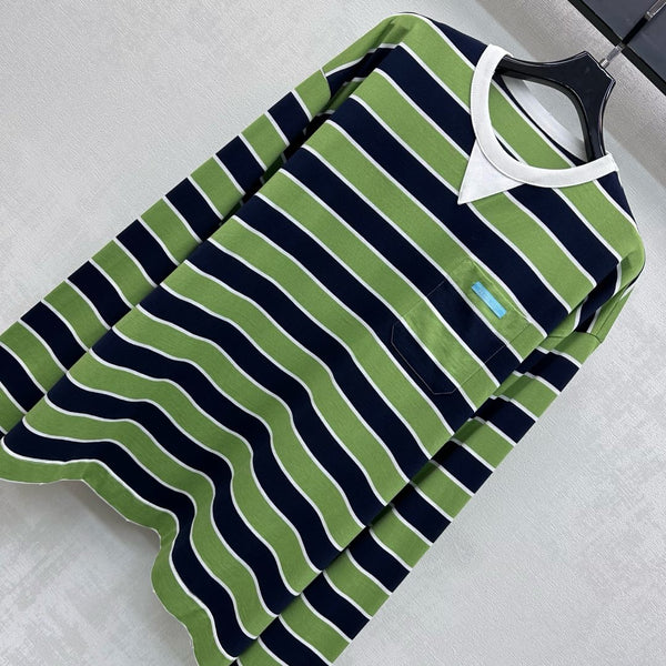Prada Crew Neck Striped Block T-Shirt Blue Fern Green Cotton 350365