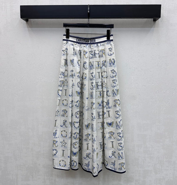 CD 26s Monogrammed Midi Skirt White Navy Blue Polyester Fiber