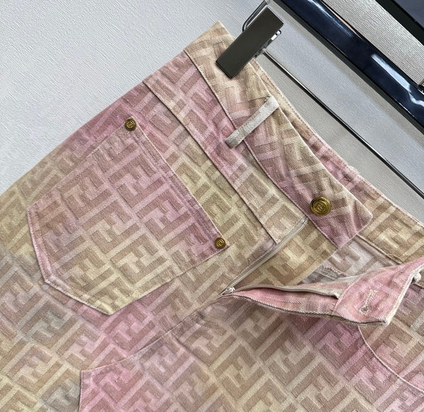Fendi 26s Midi Skirt Beige Pink Jacquard Denim 366972