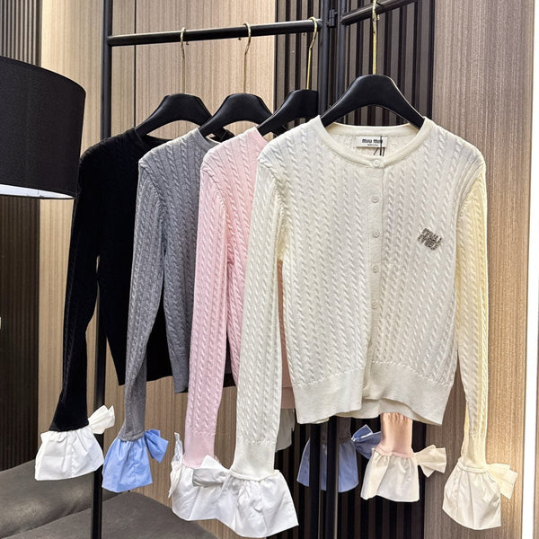 Miumiu 2025 Cardigan With Bow Cuff Cotton Wool