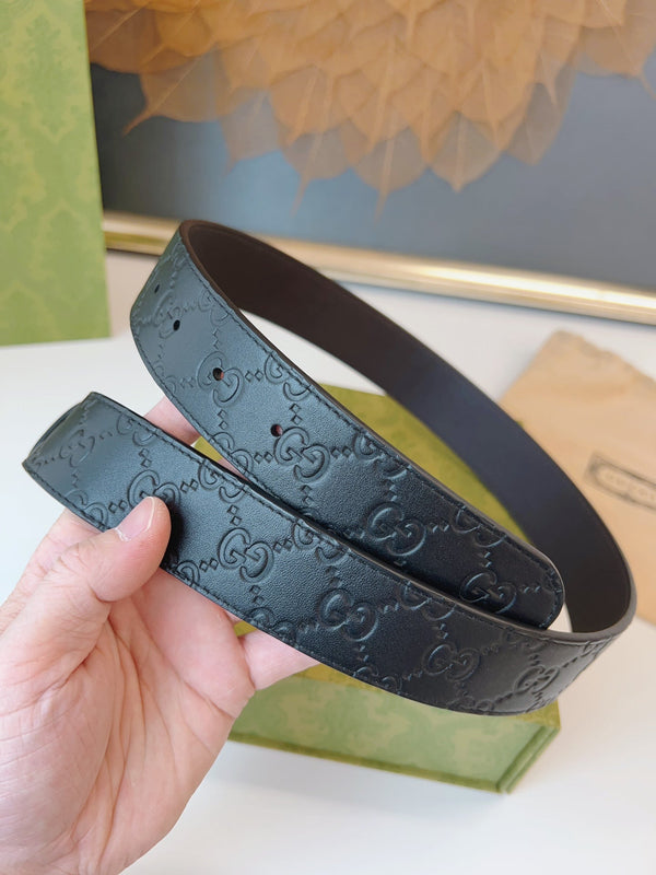 Gucci Supreme Belt Blunt Copper Buckle 37mm Black Embossed Leather