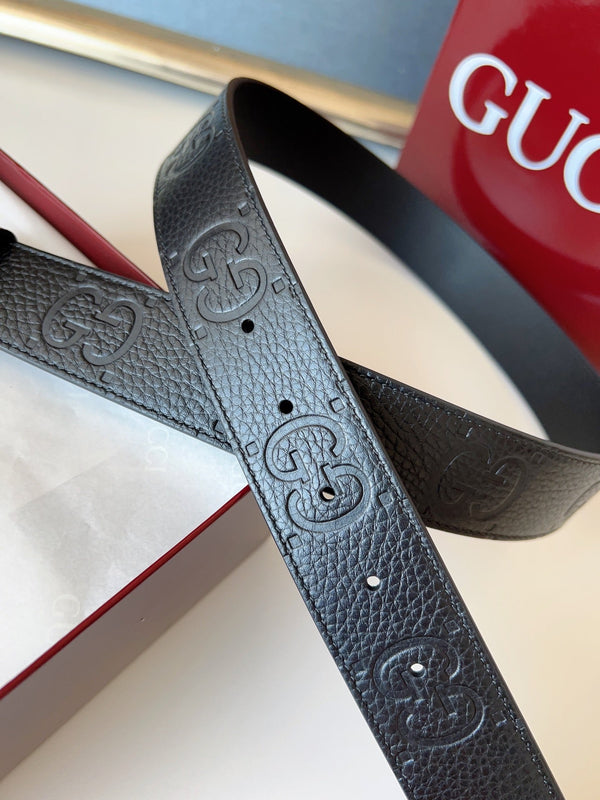 DOUBLE G MARMONT SHINY SLIVER BUCKLE 37MM BLACK EMBOSSED LEATHER