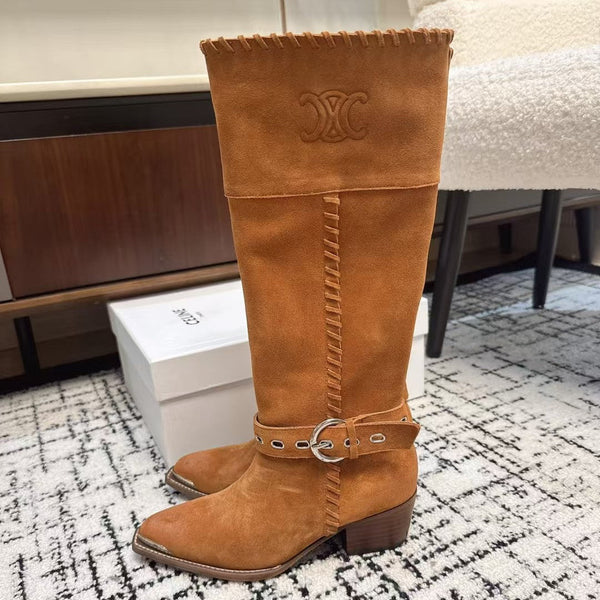 CE 26S Western Buckle Jumping Boots 4.5cm Orange Brown Suede 118186