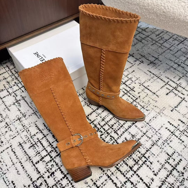 CE 26S Western Buckle Jumping Boots 4.5cm Orange Brown Suede 118186