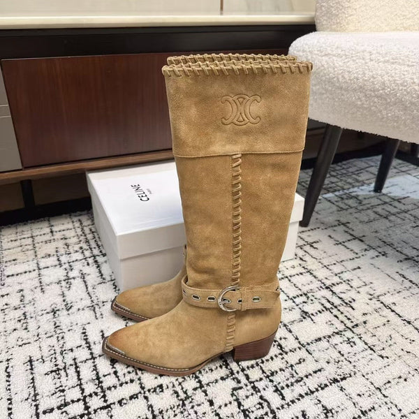 CE 26S Western Buckle Jumping Boots 4.5cm Tan Suede 118188