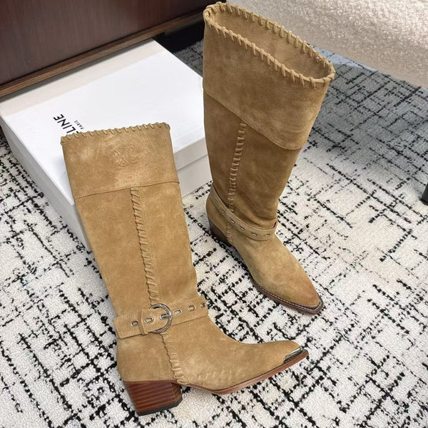 CE 26S Western Buckle Jumping Boots 4.5cm Tan Suede 118188