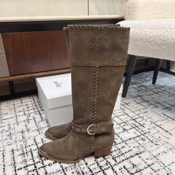 CE 26S Western Buckle Jumping Boots 4.5cm Khaki Suede 118189