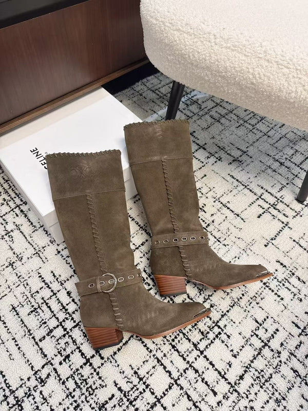 CE 26S Western Buckle Jumping Boots 4.5cm Khaki Suede 118189