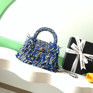 CC 2026 Top Handle Bag 19cm Blue White Raffia Fringe 292256