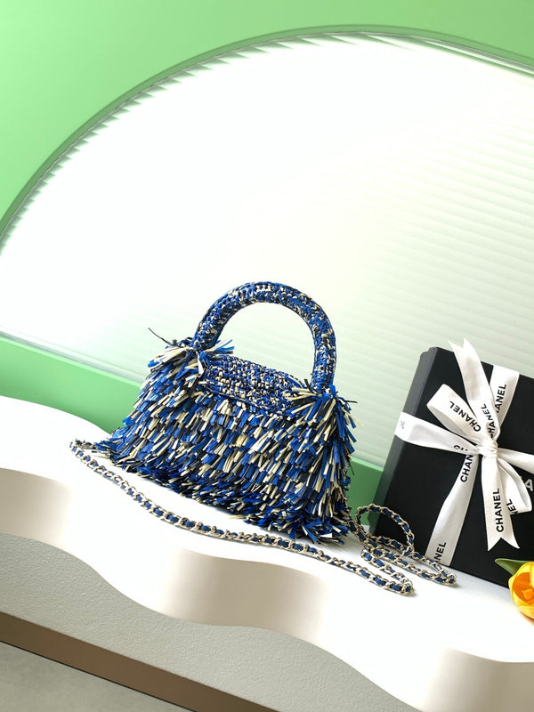 CC 2026 Top Handle Bag 19cm Blue White Raffia Fringe 292256