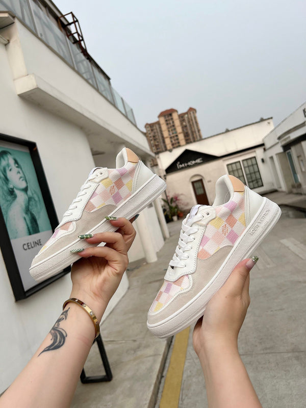 LV Groovy Sneaker White Pink Yellow Damier Canvas Suede 597684