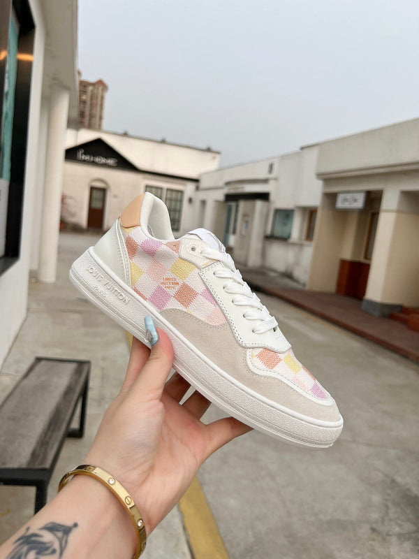 LV Groovy Sneaker White Pink Yellow Damier Canvas Suede 597684