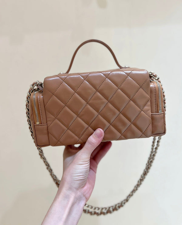 CC 24K Handle Camera Bag 23cm Brown Lambskin Light GHW