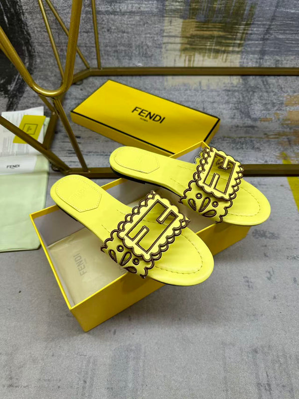 FF Baguette Slides Embroidered Yellow Nappa Leather 826565