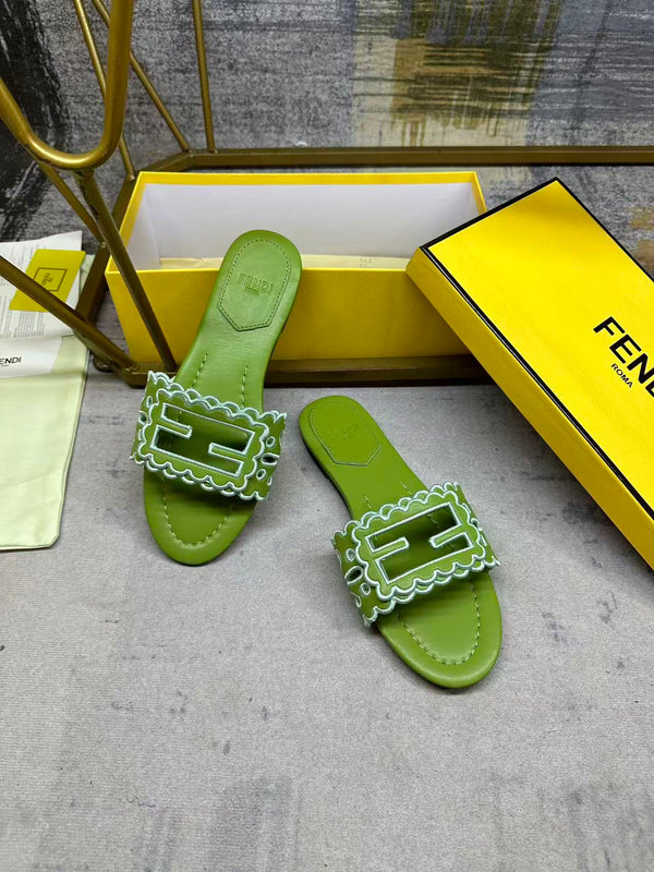 FF Baguette Slides Embroidered Green Nappa Leather 826566