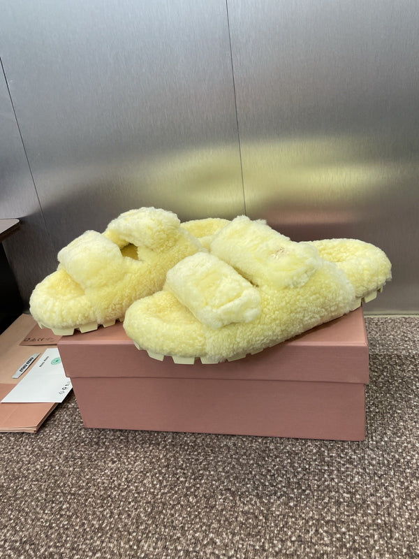Miu Velcro Slippers Lemon Yellow Lambswool 508824