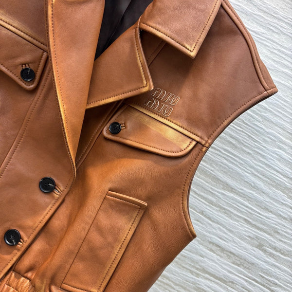 Miu Miu 25 Leather Vest Jacket Brown Lambskin