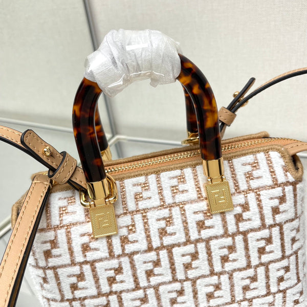 BY THE WAY MINI 21 IN WHITE WOOL AND CAMEL BROWN RAFFIA CALFSKIN TRIM
