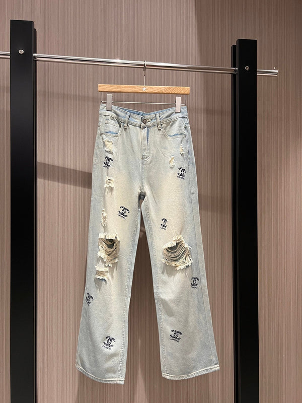 CC Double C Printed Ripped Jeans Retro Light Blue Cotton