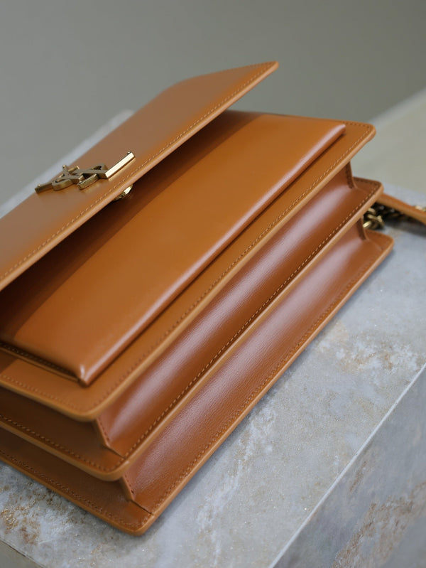 YSL Medium Sunset Shoulder Bag 22cm Brown Cowhide
