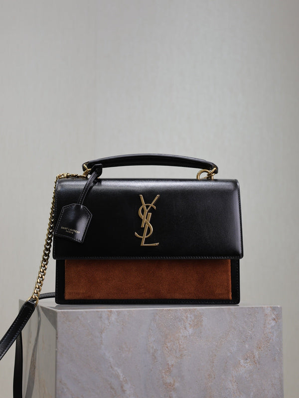 YSL Sunset Handbags 25cm Black Brown Cowhide Suede