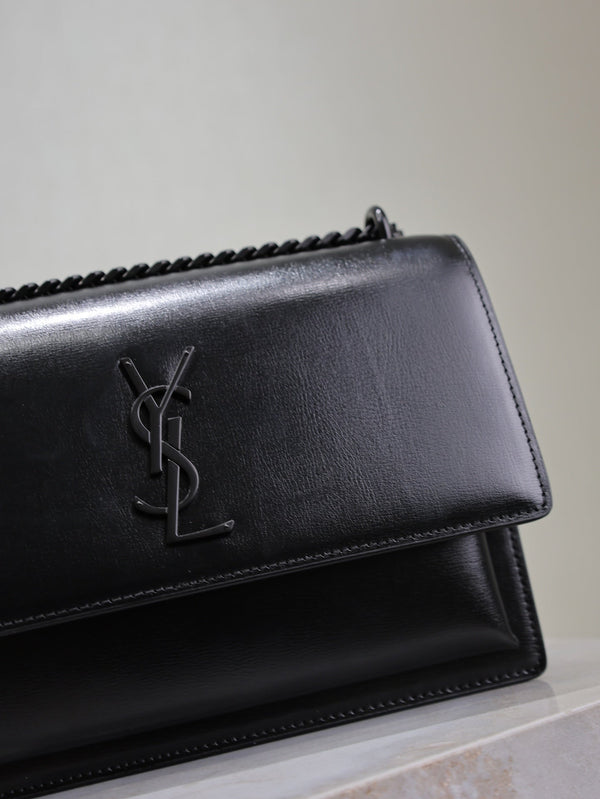 YSL Medium Sunset Shoulder Bag 22cm Black Cowhide Black HW