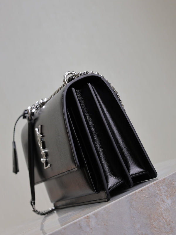YSL Medium Sunset Shoulder Bag 22cm Black Cowhide Sliver HW