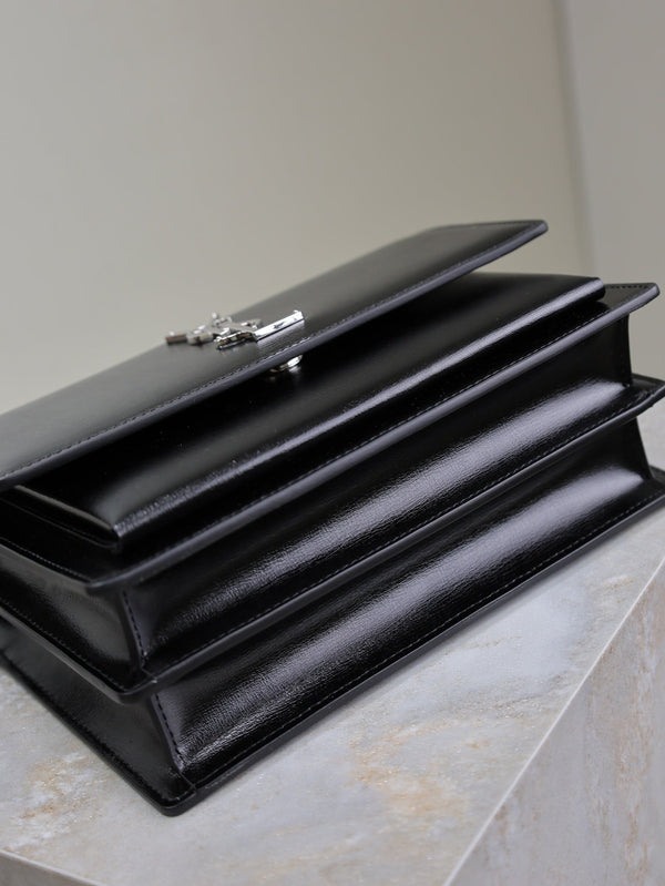 YSL Medium Sunset Shoulder Bag 22cm Black Cowhide Sliver HW