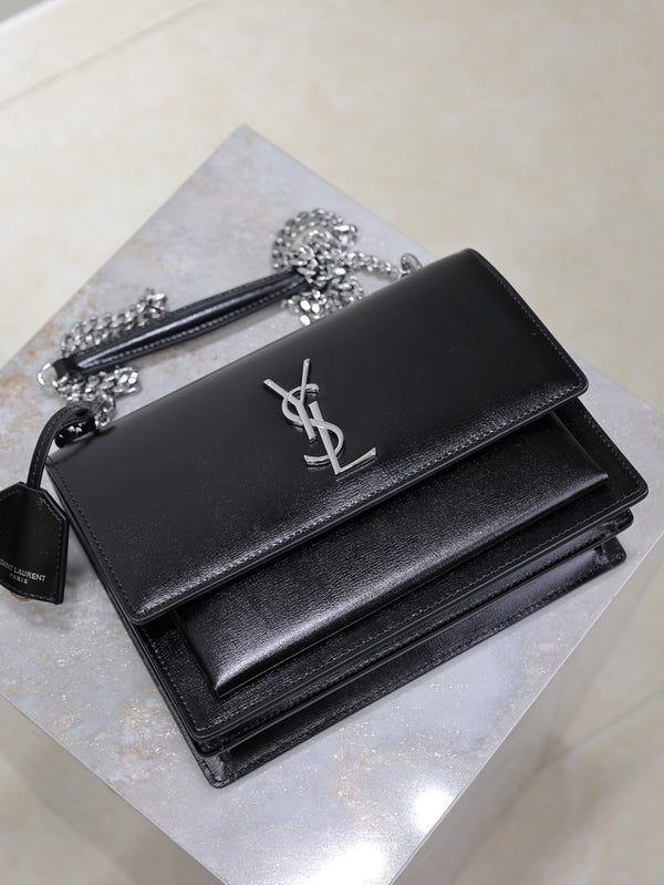 YSL Medium Sunset Shoulder Bag 22cm Black Cowhide Sliver HW