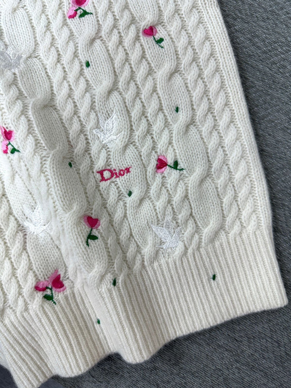 CD Short-Sleeved Sweater Small Floral Embroidery Ivory Wool 349483