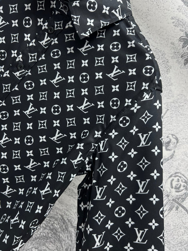 LV 25 Flower Barrage Print Lapel Shirt Black Polyester